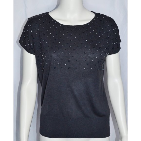 H&M Y2k Embellished Pearls Silk Blend Short Sleeve Sweater Gray Size S - Picture 1 of 4